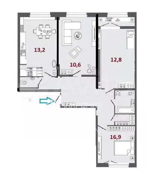 3-к. квартира, 73,1 м, 4/10 эт. - Фото 1