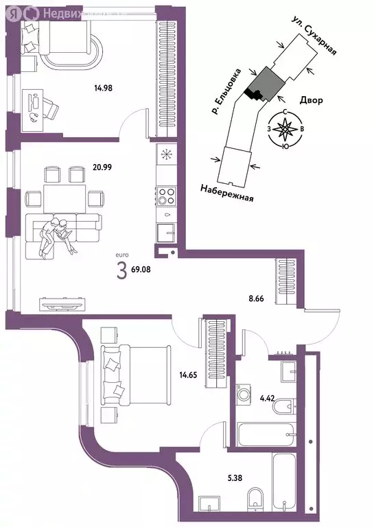 3-комнатная квартира: Новосибирск, Сухарная улица, 109/2 (69.08 м) - Фото 0