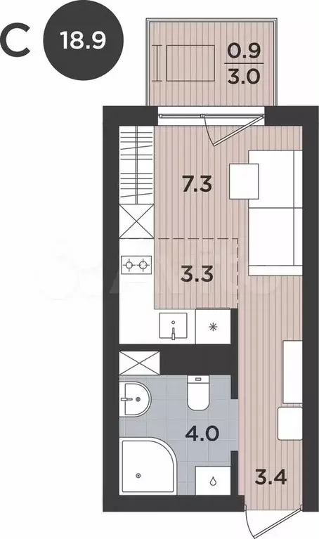 1-к. квартира, 18,9 м, 5/9 эт. - Фото 1