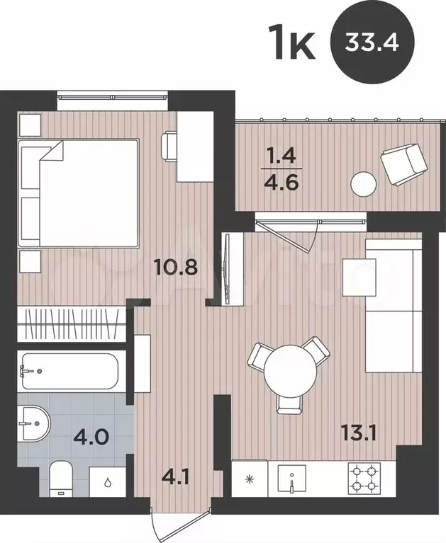 1-к. квартира, 33,4 м, 8/9 эт. - Фото 1