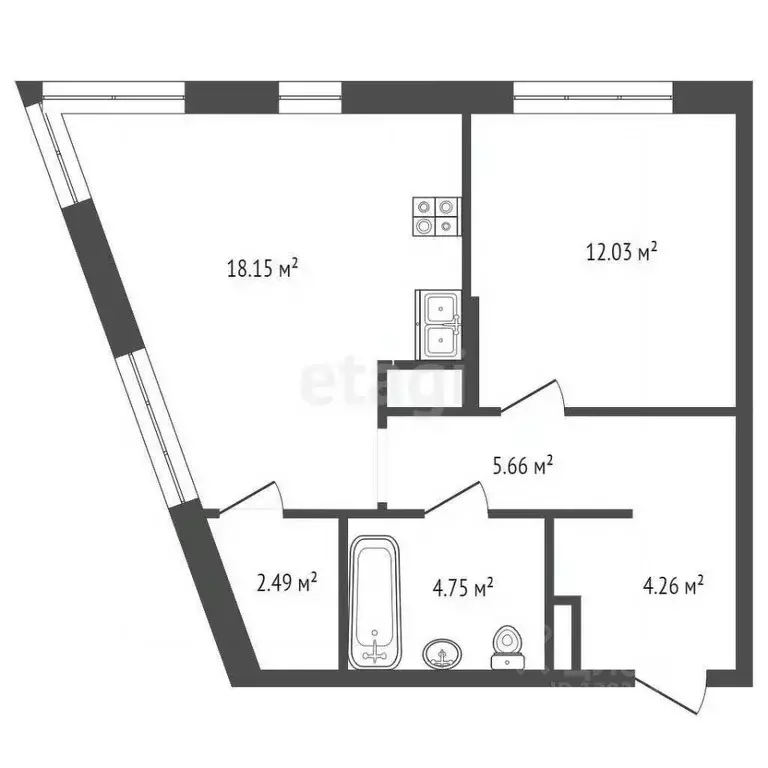 1-к кв. Тюменская область, Тюмень ул. Ю.-Р.Г. Эрвье, 38 (47.0 м) - Фото 2