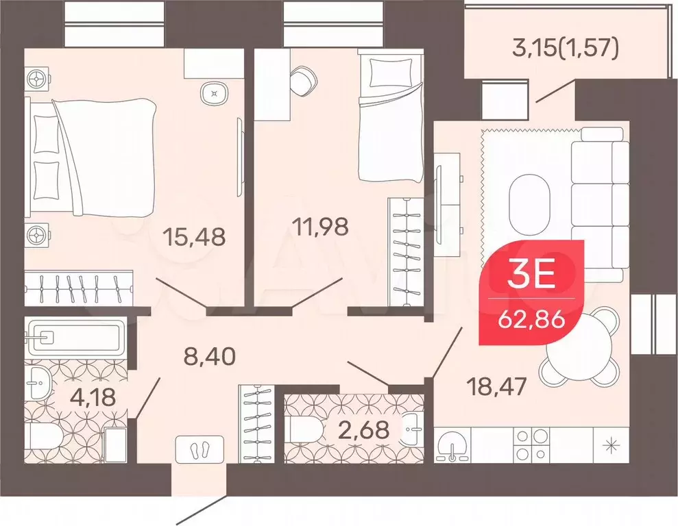 3-к. квартира, 62,9 м, 7/9 эт. - Фото 0