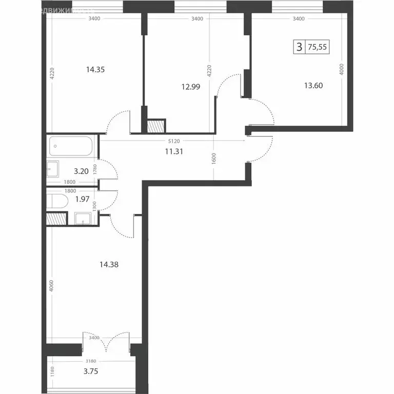 3-комнатная квартира: Тверь, микрорайон Южный (75.55 м) - Фото 2