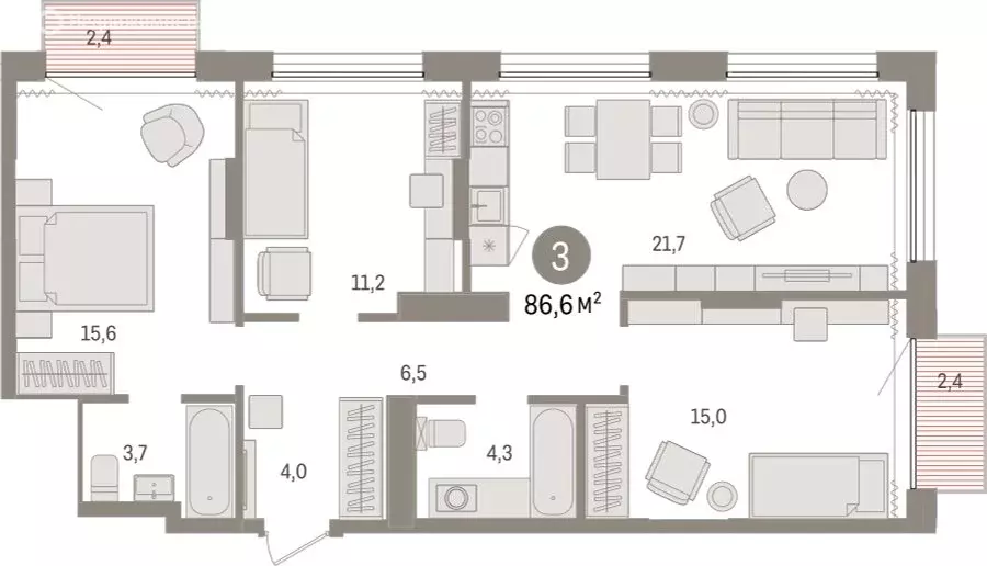 3-комнатная квартира: Тюмень, Краснооктябрьская улица, 4к3 (86.63 м) - Фото 1