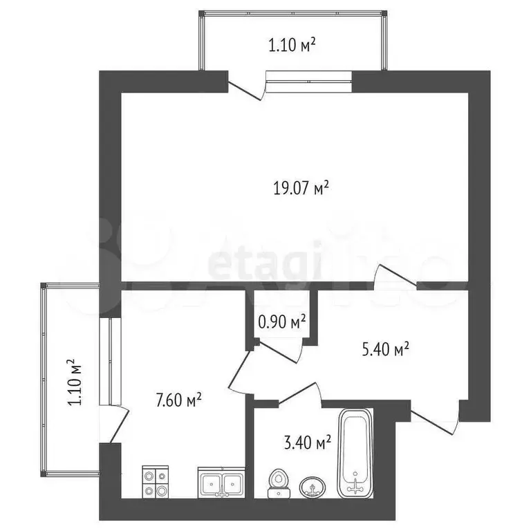 1-к. квартира, 38,6 м, 5/5 эт. - Фото 0