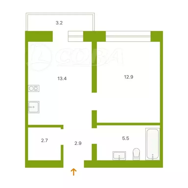 1-комнатная квартира: Тюмень, Причальная улица, 7 (38 м) - Фото 1