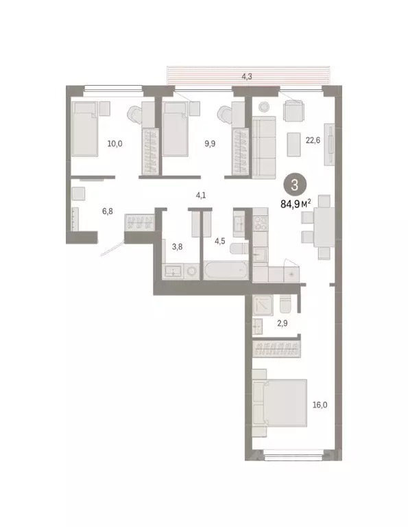 3-к кв. Новосибирская область, Новосибирск Лебедевский кв-л, 1/4 (84.9 ... - Фото 2