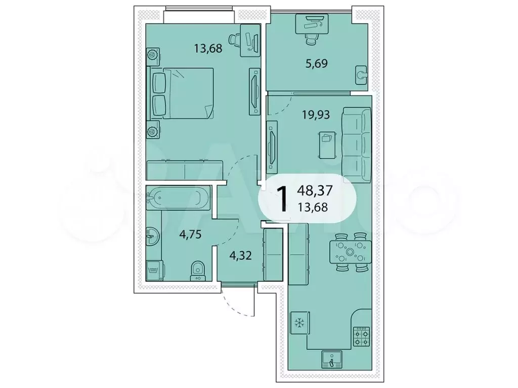 1-к. квартира, 48,4 м, 3/5 эт. - Фото 1