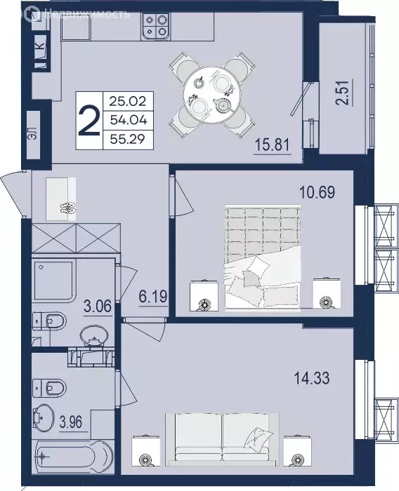 2-комнатная квартира: Краснодар (55.29 м) - Фото 0