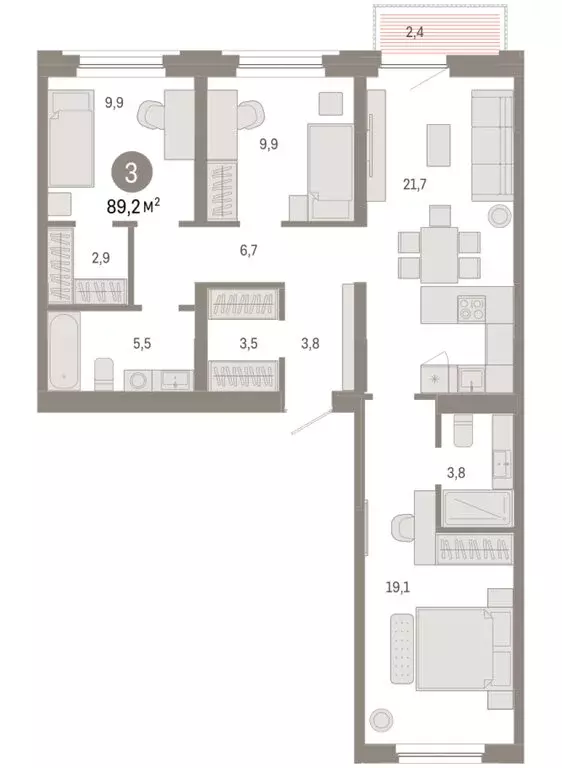 3-комнатная квартира: Тюмень, Мысовская улица, 26к2 (89.22 м) - Фото 1