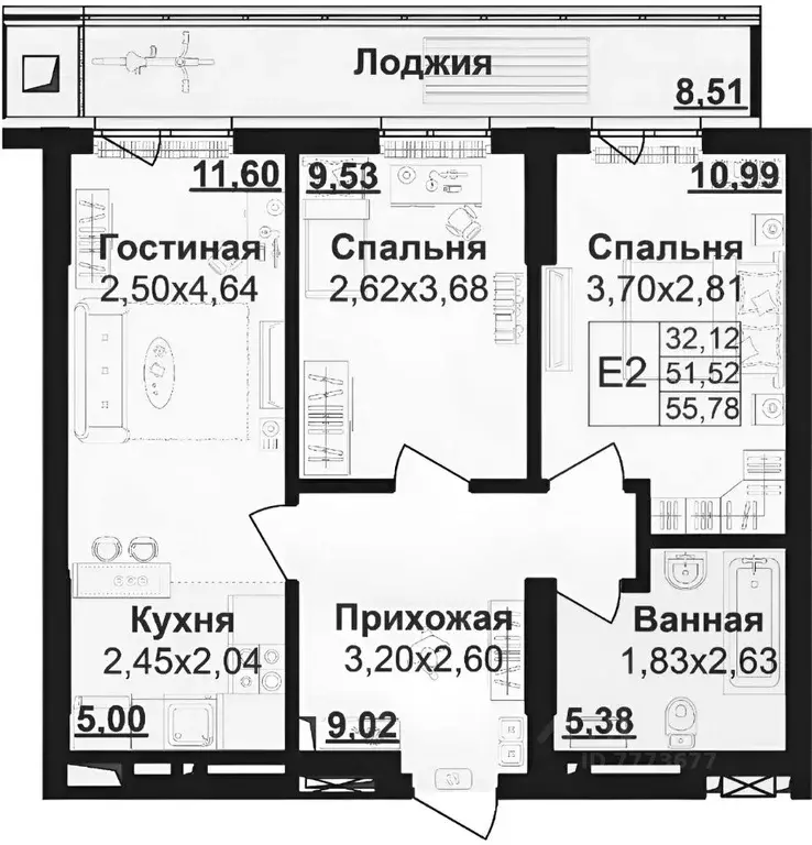 2-к кв. Башкортостан, Уфа ул. Пархоменко, 156Б (56.7 м) - Фото 2