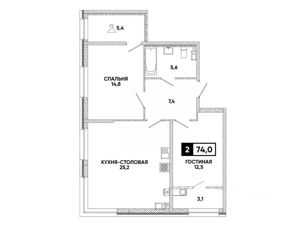 1-к кв. Ставропольский край, Ставрополь ул. Андрея Голуба, 12к8 (74.0 ... - Фото 1