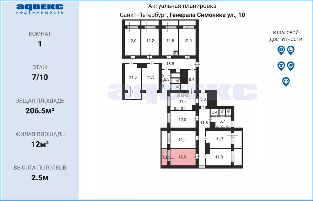 Комната Санкт-Петербург ул. Генерала Симоняка, 10 (12.0 м) - Фото 1