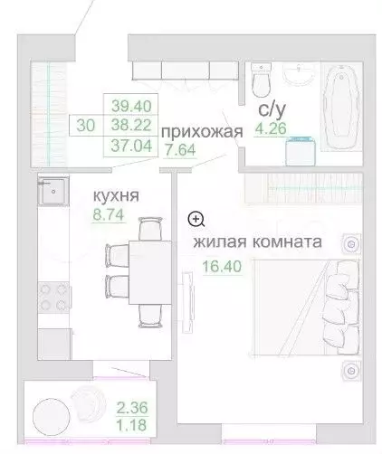 1-к. квартира, 38,7 м, 9/9 эт. - Фото 1