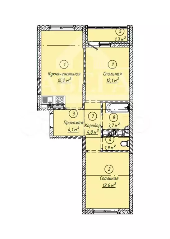 2-к. квартира, 56 м, 4/7 эт. - Фото 0