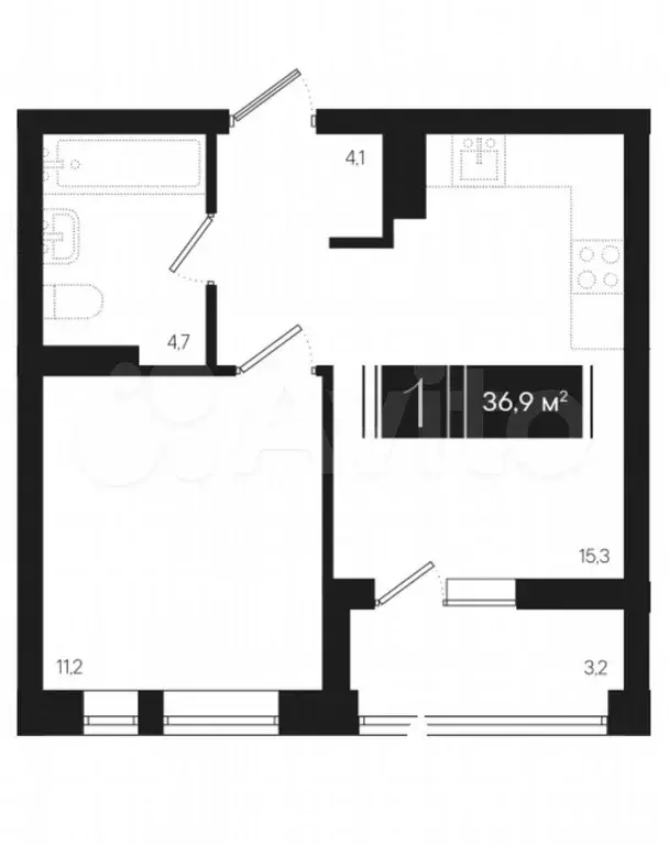 1-к. квартира, 36,9 м, 3/9 эт. - Фото 1