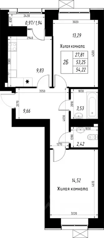 2-к кв. Татарстан, Казань Династия жилой комплекс (54.22 м) - Фото 1