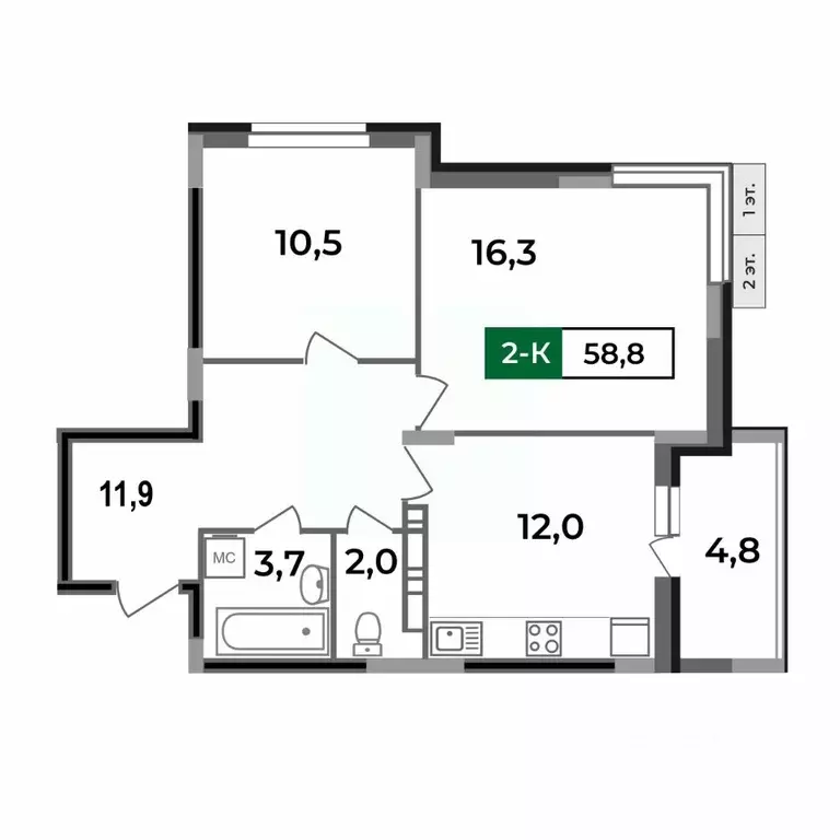 2-к кв. Владимирская область, Ковров Еловая ул., 82 (58.8 м) - Фото 1