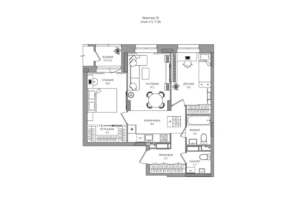 3-комнатная квартира: деревня Кондратово, Водопроводная улица, 5 (59.8 ... - Фото 1
