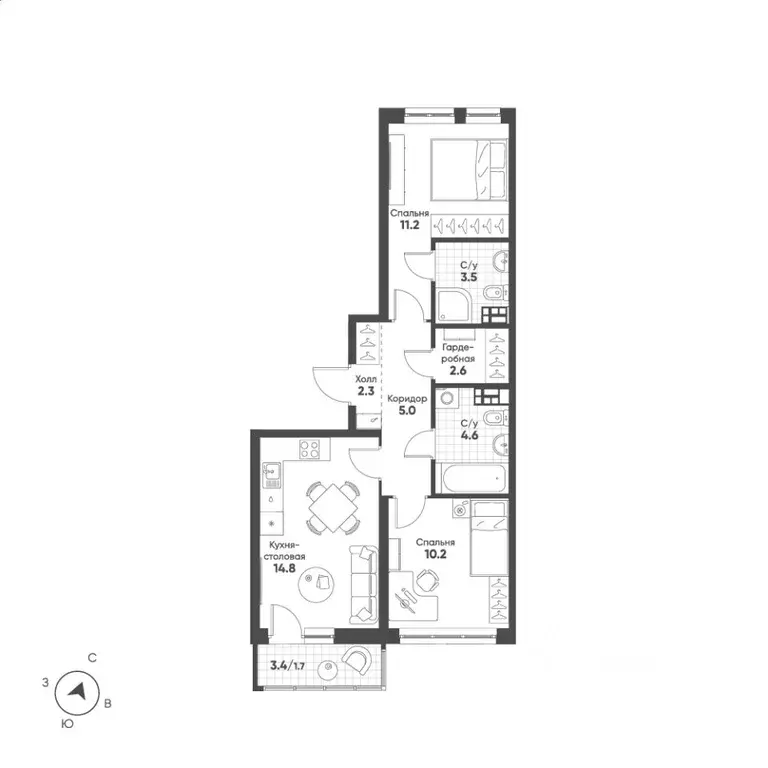2-к кв. Свердловская область, Екатеринбург Солнечный жилрайон,  (55.9 ... - Фото 1
