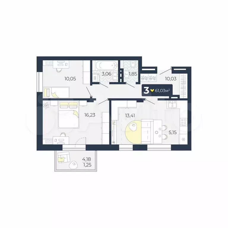 3-к. квартира, 61 м, 5/5 эт. - Фото 0
