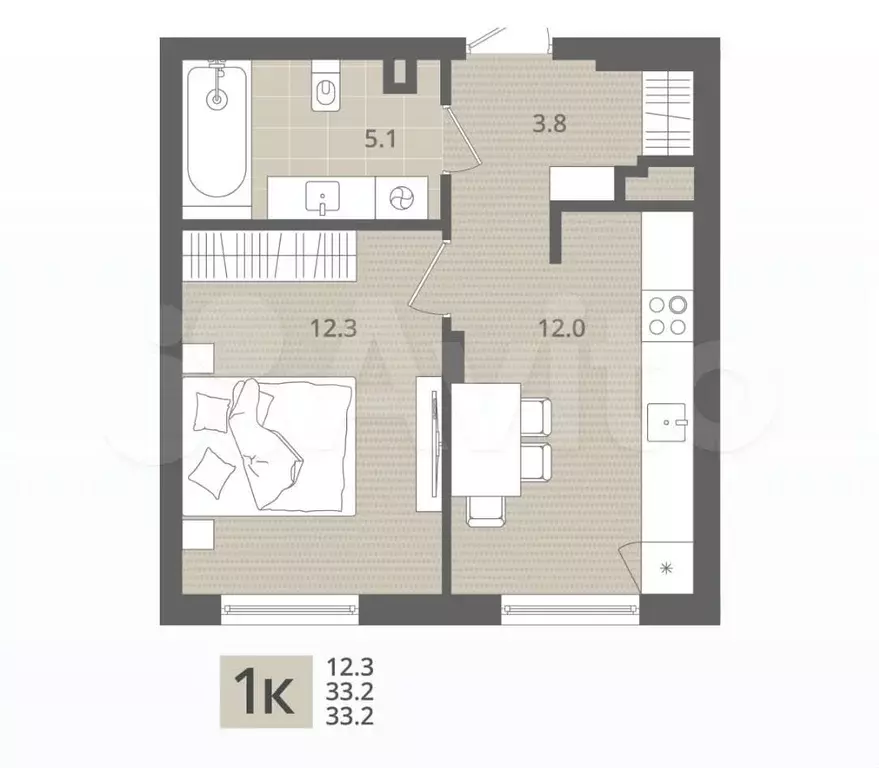 1-к. квартира, 33,2 м, 1/7 эт. - Фото 1