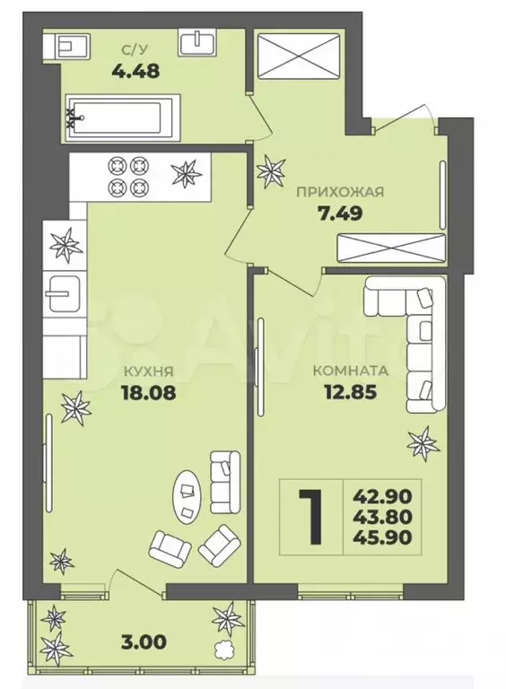 1-к. квартира, 43,8 м, 8/8 эт. - Фото 1