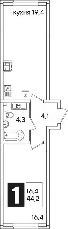 1-к. квартира, 44,2 м, 4/16 эт. - Фото 0