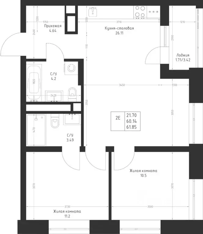 2-к кв. Татарстан, Казань Седьмое Небо жилрайон,  (61.85 м) - Фото 2