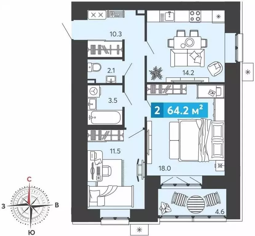 2-комнатная квартира: Засечное, Прибрежный бульвар, 5 (64.2 м) - Фото 1
