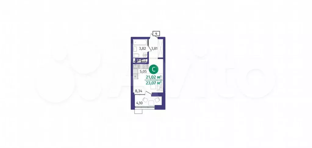 Квартира-студия, 23,1 м, 14/22 эт. - Фото 1