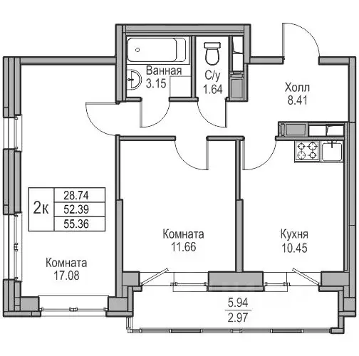 2-к кв. Санкт-Петербург ул. Ивинская, 1к3 (52.39 м) - Фото 0