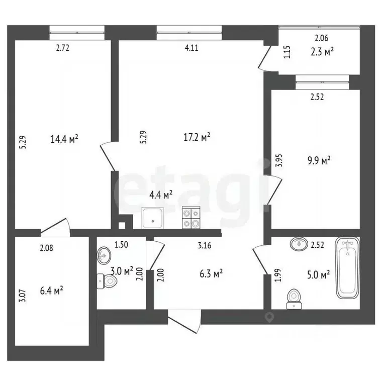2-к кв. Тюменская область, Тюмень ул. Василия Севергина, 7 (66.4 м) - Фото 2
