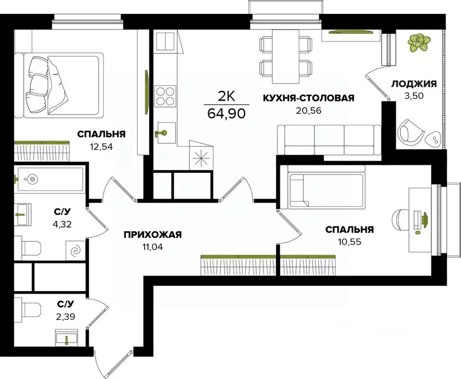 2-к кв. Тульская область, Тула  (64.9 м) - Фото 0