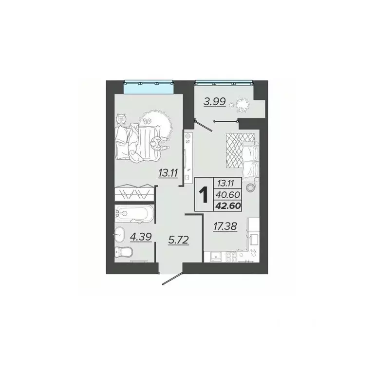 1-к кв. Брянская область, Брянск Архитектор жилой комплекс (42.6 м) - Фото 1