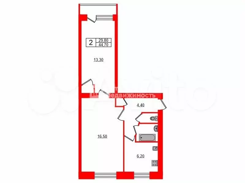 2-к. квартира, 44,7 м, 2/5 эт. - Фото 0