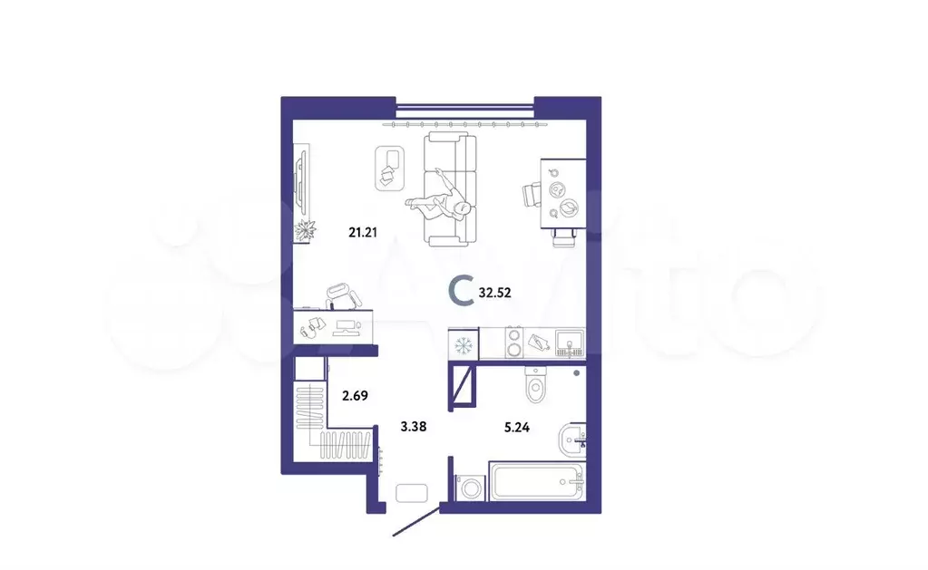 Квартира-студия, 32 м, 8/10 эт. - Фото 1