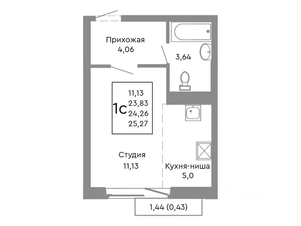 Студия Челябинская область, Челябинск Нефтебазовая ул., 1-13 (24.26 м) - Фото 1
