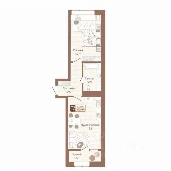 1-к кв. Тульская область, Тула Кулик жилой комплекс (45.64 м) - Фото 1