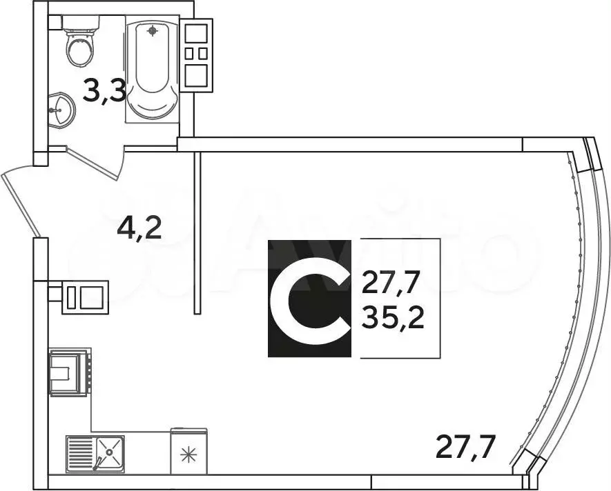 Квартира-студия, 35,2 м, 4/16 эт. - Фото 1