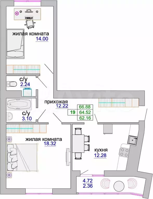 2-к. квартира, 65 м, 6/9 эт. - Фото 1