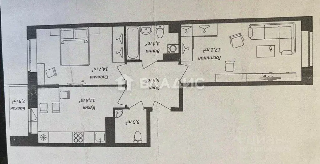 Квартира, 2 комнаты, 58.7 м - Фото 1