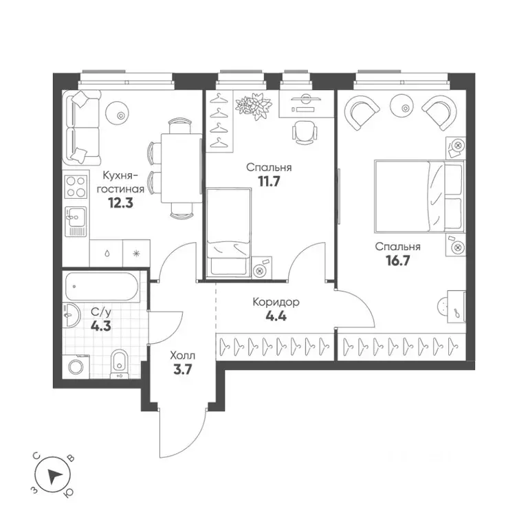 2-к кв. Москва 5-я оч., Шагал жилой комплекс (53.1 м) - Фото 1