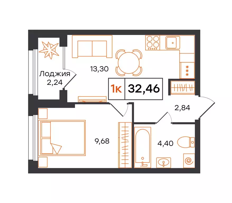 1-комнатная квартира: Тюмень, Полевая улица, 117к13 (32.46 м) - Фото 1