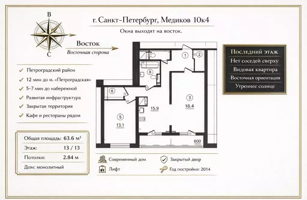 2-к кв. Санкт-Петербург просп. Медиков, 10к4 (63.6 м) - Фото 1