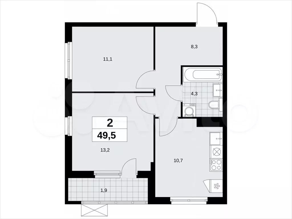 2-к. квартира, 49,5м, 10/18эт. - Фото 1