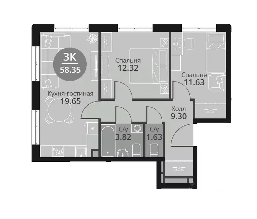 3-к кв. Москва Дмитровское ш., 75/77 (58.35 м) - Фото 0