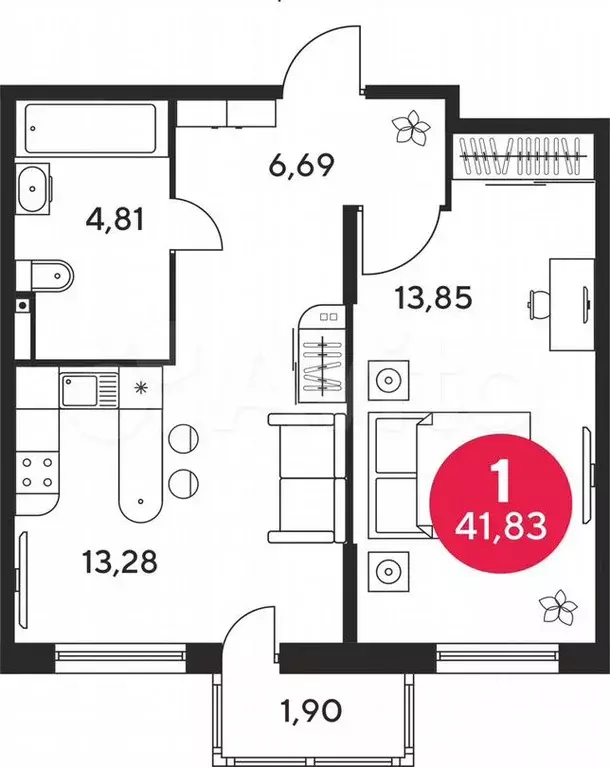 1-к. квартира, 41,6м, 25/25эт. - Фото 1