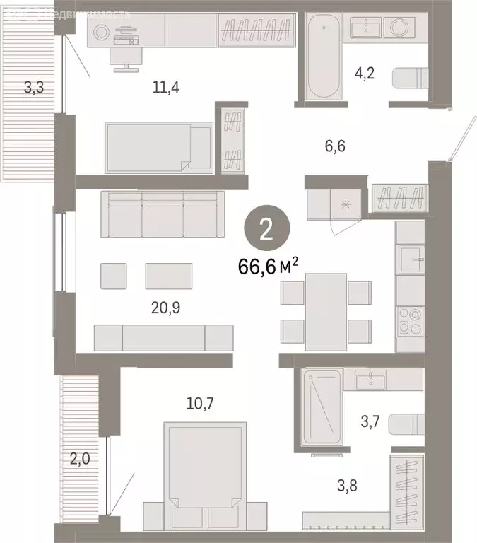 2-комнатная квартира: Новосибирск, Большевистская улица, с49 (66.56 м) - Фото 1