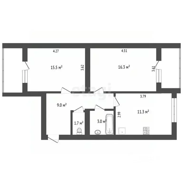 2-к кв. Калужская область, Калуга ул. Гурьянова, 57к3 (56.8 м) - Фото 2